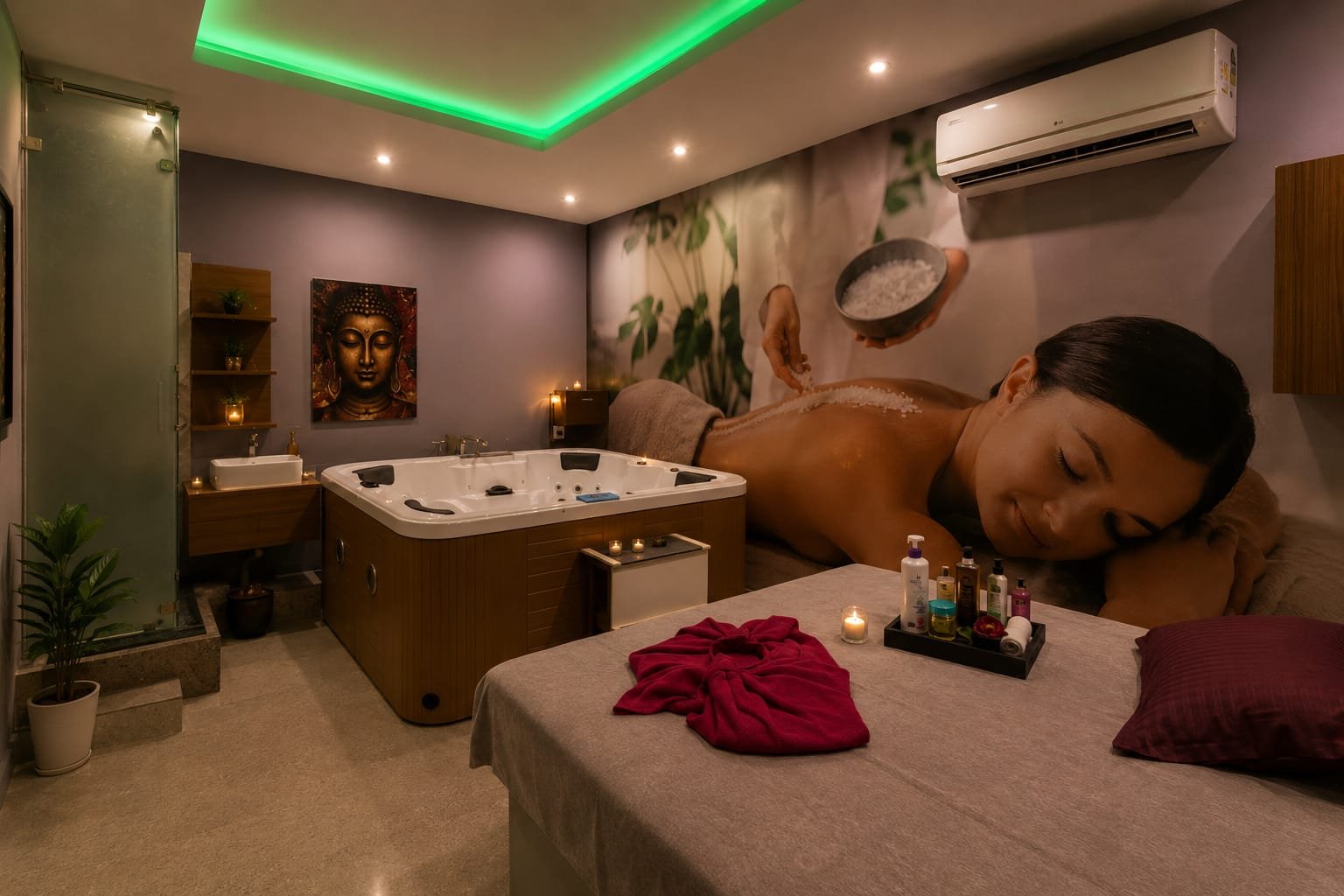 Jacuzzi treatment suite highlighting a massage bed and jacuzzi bath setup