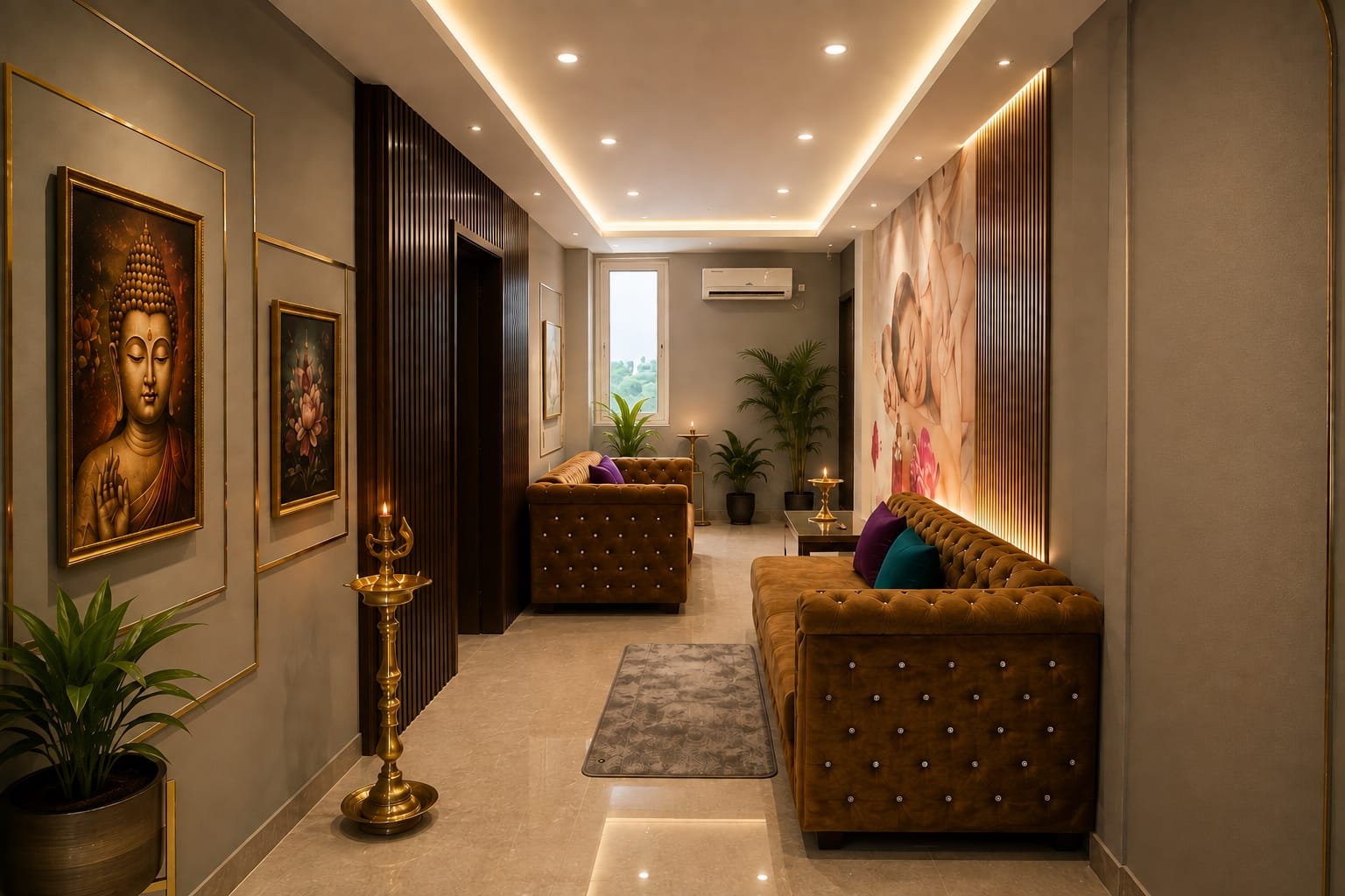 Warmly lit reception and lounge area featuring a tufted sofa