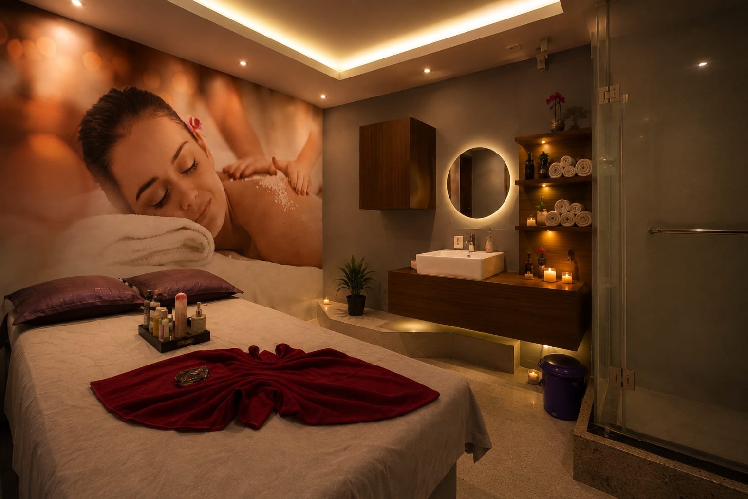 Tranquil spa treatment room with massage bed